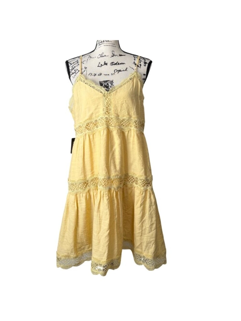 Express Size L Dress Babydoll Yellow Lace Tiered Sundress Coastal Cottage NEW